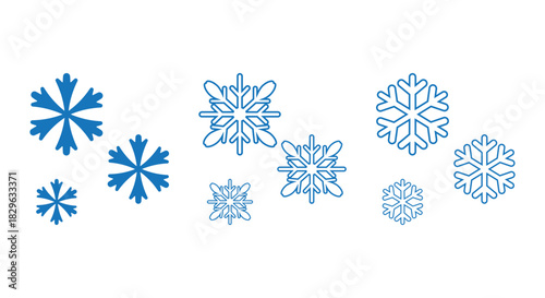 Collection of stylized blue snowflakes in various sizes and designs on a clean white background, ideal for winter icons, Christmas decorations, web graphics, packaging, patterns and seasonal design pr