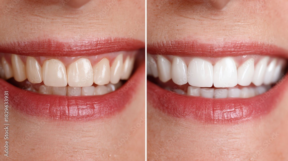 Obraz premium A side-by-side comparison of a smiling person before and after teeth whitening, showcasing the transformation in dental appearance and the impact on confidence and attractiveness.