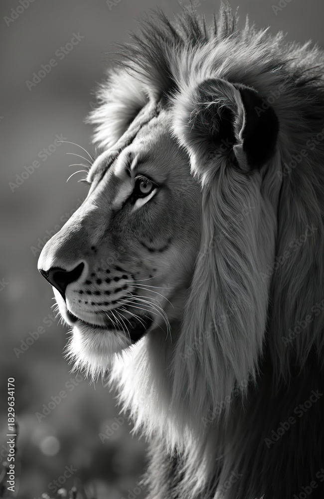 Naklejka premium Monochrome profile portrait of a male lion. Majestic big cat gazes intensely, mane flowing in soft light. Wild animal in natural savanna habitat, intense stare.