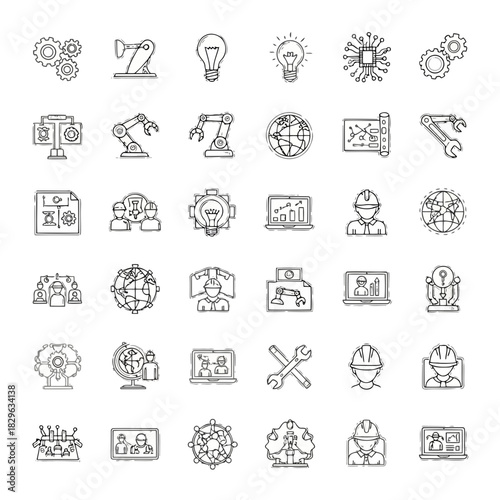 Collection of various icons representing technology, innovation, and creative ideas, including gears, light bulbs, and tools