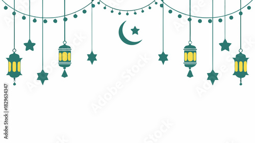 Green islamic decoration with lanterns and stars