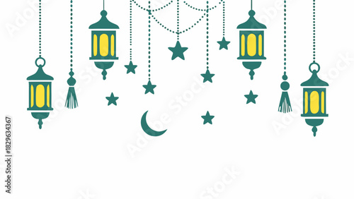 Hanging lanterns and stars with moon illustration