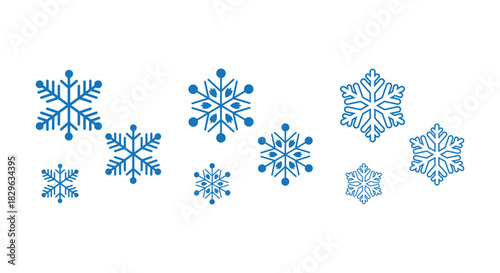 Collection of stylized blue snowflakes in various sizes and designs on a clean white background, ideal for winter icons, Christmas decorations, web graphics, packaging, patterns and seasonal design pr