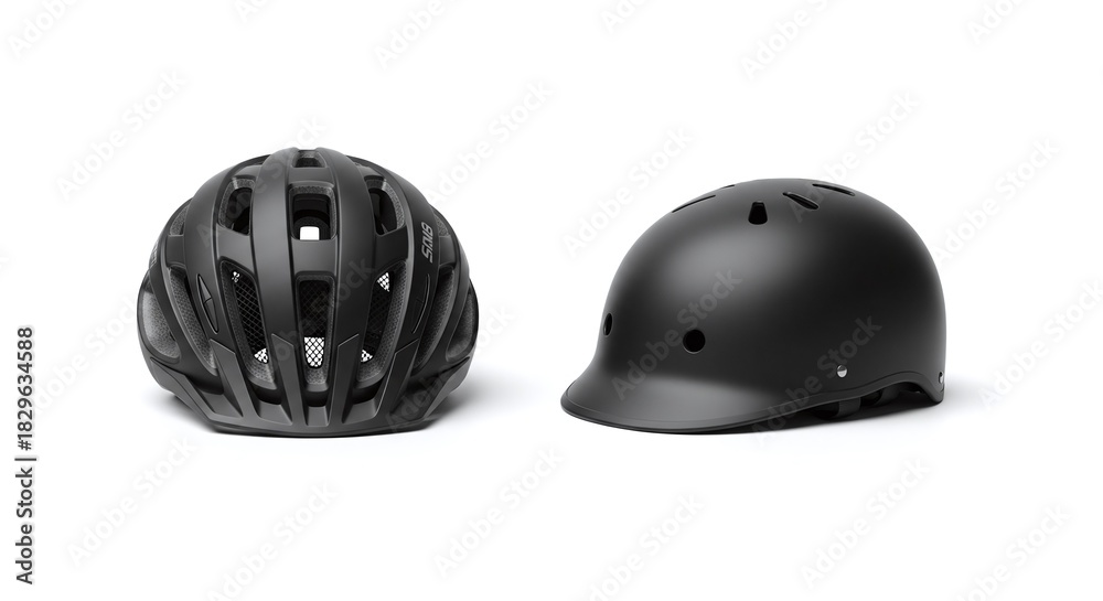 Fototapeta premium Two different styles of black bicycle helmet isolated on white background
