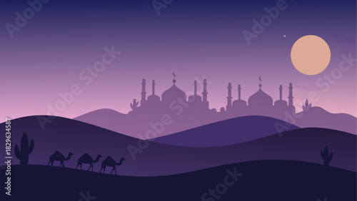 Desert landscape with camels and mosque silhouette