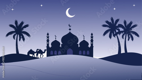 Silhouette of mosque camels and palm trees at night