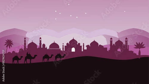 Silhouette of desert landscape with camels and city