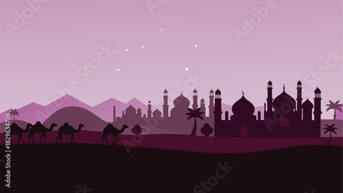 Camels silhouettes with city background at dusk time