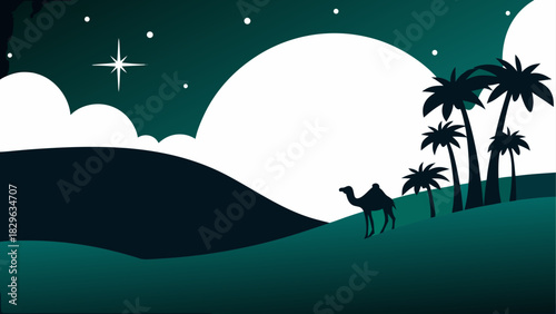 Silhouette of camel and palms in desert landscape