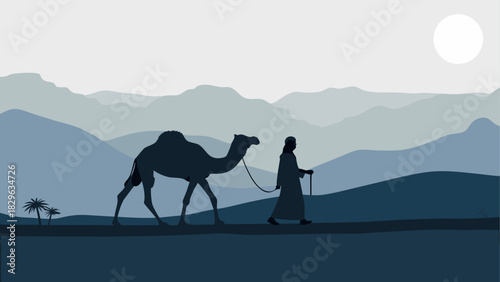 Silhouette of man and camel walking in the desert