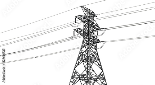 High voltage transmission tower vector illustration, lattice metal pylon, electrical infrastructure, power lines and insulators, utility grid, energy transmission, overhead network detailed