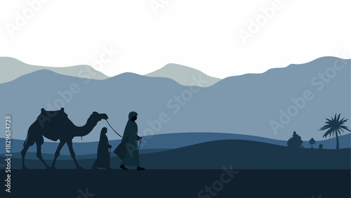 Silhouette of travelers with camel in desert landscape