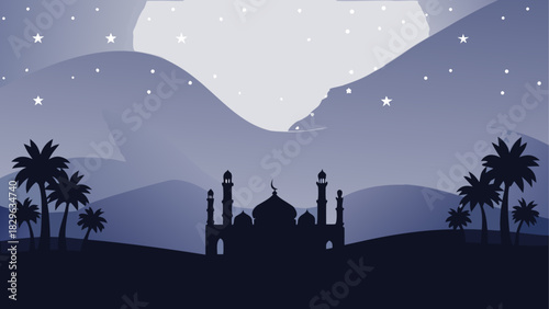 Silhouette of mosque with palm trees at night time