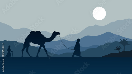 Silhouette of camel and people in desert landscape
