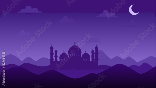 Silhouette of a mosque at night with moon and clouds