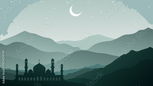 Silhouette of mosque under moonlit mountain range
