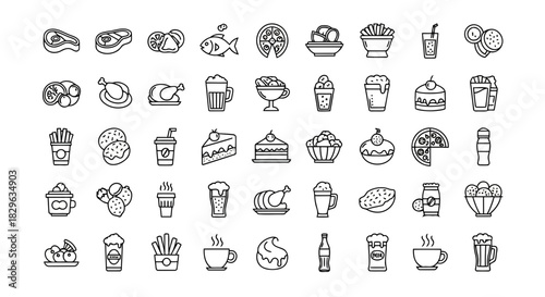 Set of various food and drink icons including pizza, burgers, coffee, and desserts in black and white