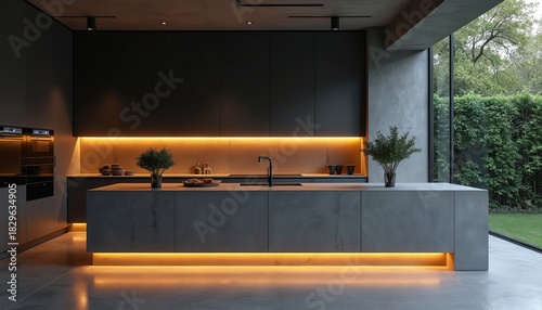 Fototapeta Naklejka Na Ścianę i Meble -  Modern kitchen with minimalist design features dark gray cabinets concrete island and led lighting. Contemporary interior with glass window and garden view. Luxury space with premium materials