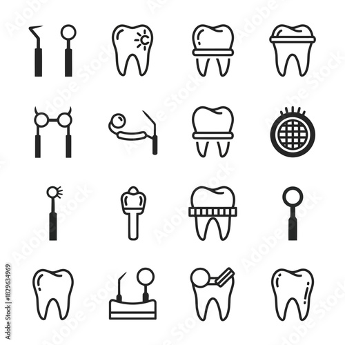Set of dental icons including teeth, dental tools, and dental procedures on