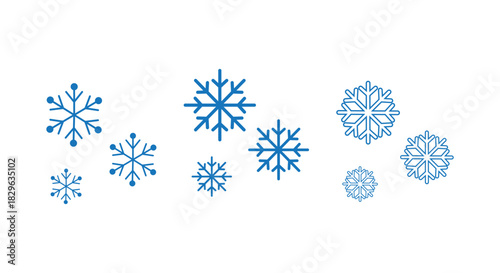 Collection of stylized blue snowflakes in various sizes and designs on a clean white background, ideal for winter icons, Christmas decorations, web graphics, packaging, patterns and seasonal design pr