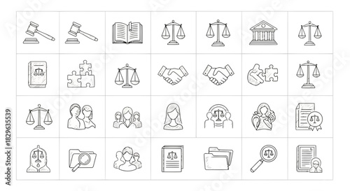 Collection of legal and justice icons including gavel, scales, books, and courtroom symbols