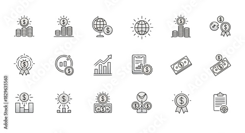 Set of icons representing finance, business, and economy concepts, including money, growth, awards, and investments
