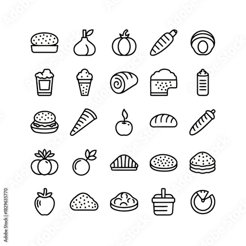 Set of various food icons including fruits, vegetables, bread, cakes, and drinks in a minimalist black and white line art style