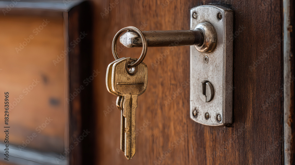 Fototapeta premium Close-up of a key inserted into an old door lock