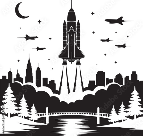Rocket Launching Over City Skyline With Airplanes, Moon and Stars, Vector Illustration Black Silhouette in Transparent Background 130 Chars