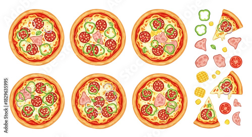Assorted pizzas with various toppings and slices on a