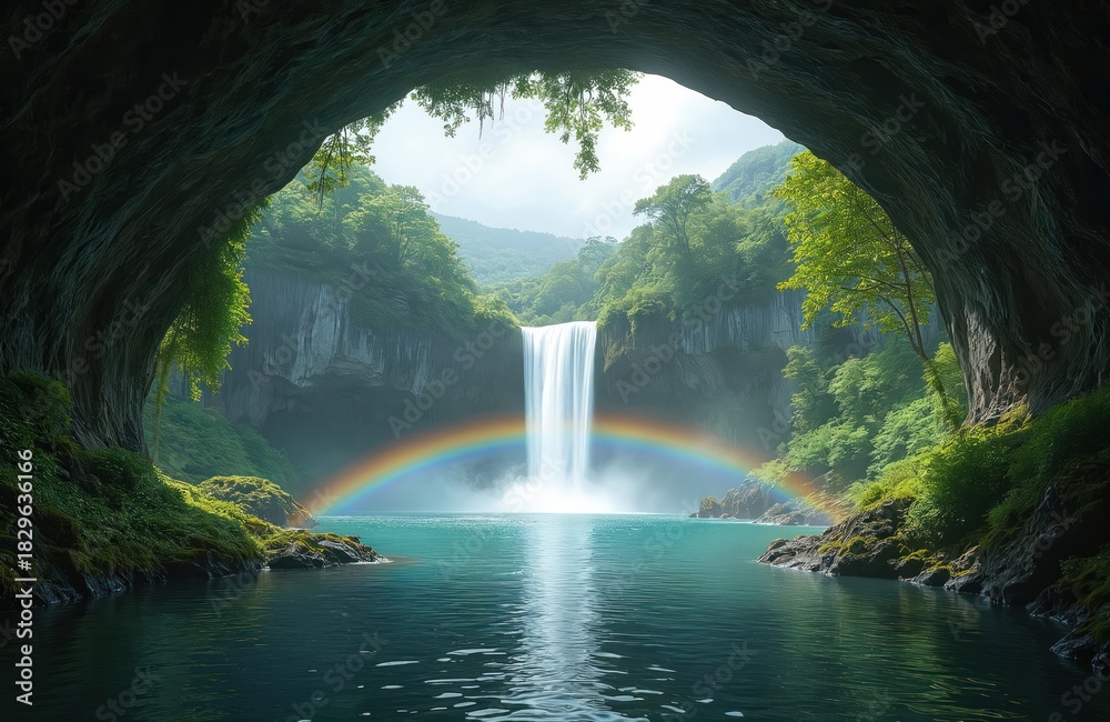 Naklejka premium Dark cave mouth overlooks majestic waterfall flowing into clear blue lake. Vibrant rainbow forms over misty water, reflecting. Green trees cover steep cliffs, mountains. Natural landscape hidden