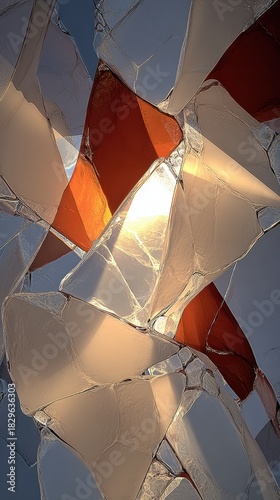 Abstract shattered glass with warm glowing light
