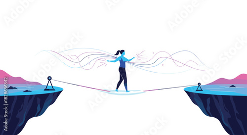 A woman balances on a tightrope between two cliffs, with abstract waves flowing around her.