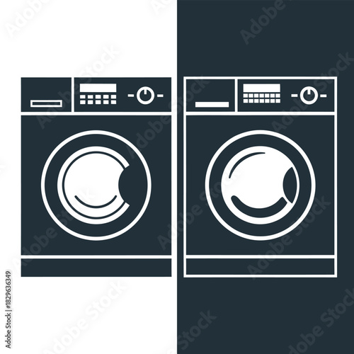 Minimalist vector icons of two front loading washing machines in a row 