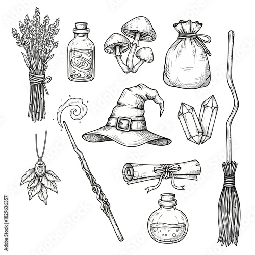 A collection of witchcraft and magic elements including herbs, potions, a wand, a broomstick, and a witchs hat