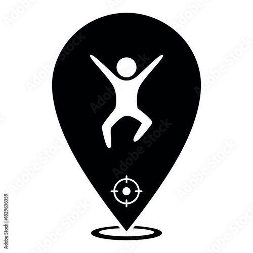 Happy human figure jumping with map location pin logo design isolated on white background