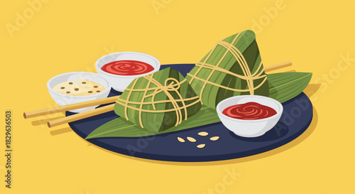 Traditional zongzi, a rice dumpling wrapped in bamboo leaves, served with dipping sauces and chopsticks.