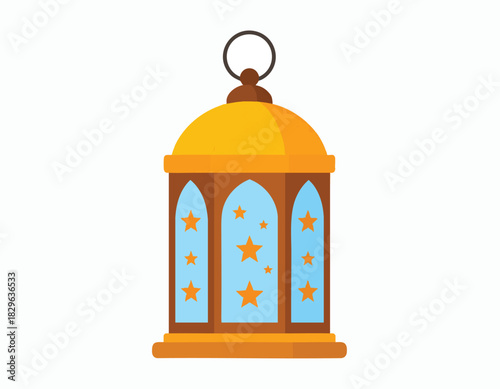 A decorative lantern illustration with a golden dome, brown frame, and star-patterned blue glass.