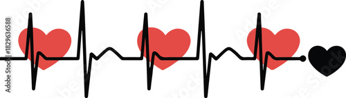 Medical heartbeat with heart beat signals and red heart with last beat signal and black heart portraying cardiology or health theme