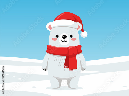 Charming Winter Polar Bear with Festive Scarf and Santa Hat Illustration