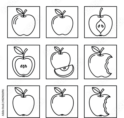 Apple Fruit Vector Icons in Black and White Simple Outlines