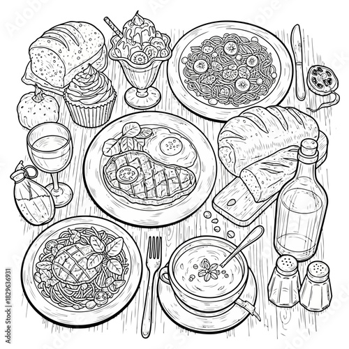 Assorted food dishes including soup, salad, bread, and beverages on a table