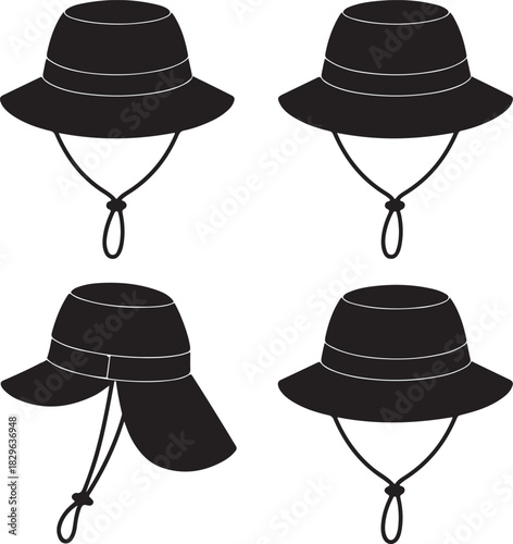 Sun hat with string and neck flap for outdoor adventure in summer vacation and fishing gear on beach with head protection in silhouette