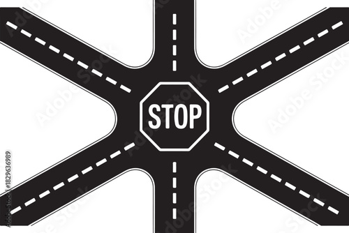 Stop sign at road junction with street and traffic control for driver in highway and urban transportation on black surface with white lines