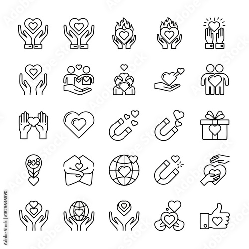 Set of diverse icons representing love, care, and positive emotions with heart symbols and people figures