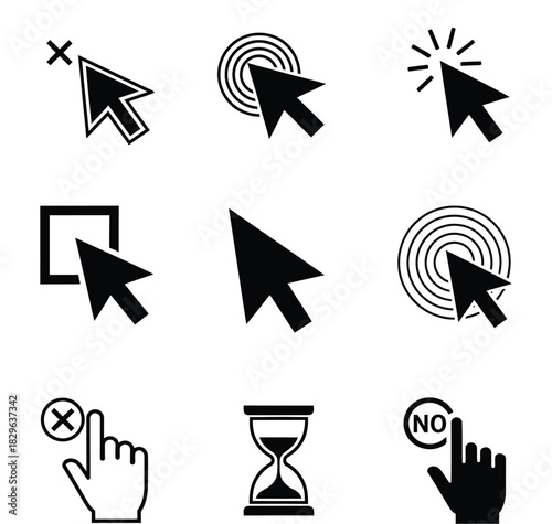 Collection of arrow cursors and related symbols in black and white
