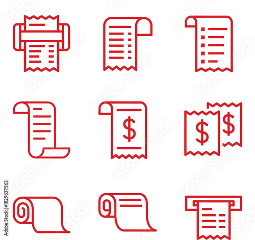 Collection of Receipt Icons Representing Financial Transactions and Business Accounting