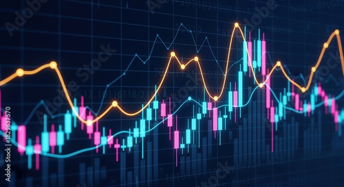 Colorful financial chart shows stock market data with glowing trend lines and candlesticks on dark blue background. Perfect for trading, investment analysis, or finance reports.