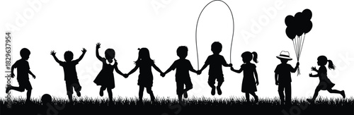 Children Playing Outdoors Silhouettes Vector Set Including Kids Jumping Rope, Holding Balloons, Running, and Standing on Grass, Representing Childhood, Fun, Games, and Joyful Summer