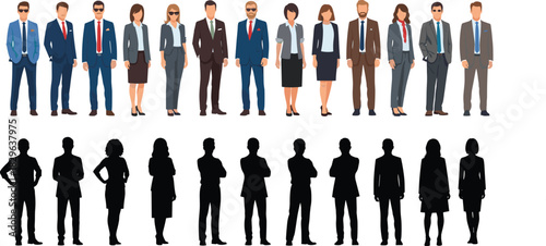 Collection of confident business people illustrations and silhouettes, including men and women wearing corporate suits and sunglasses, representing executives, successful professionals, managers 
